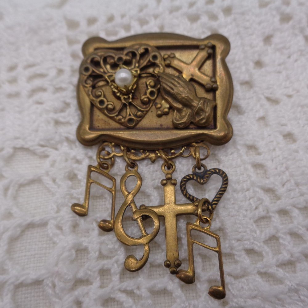 Vintage Brass Tone Religious Cross Choir Dangle Brooch